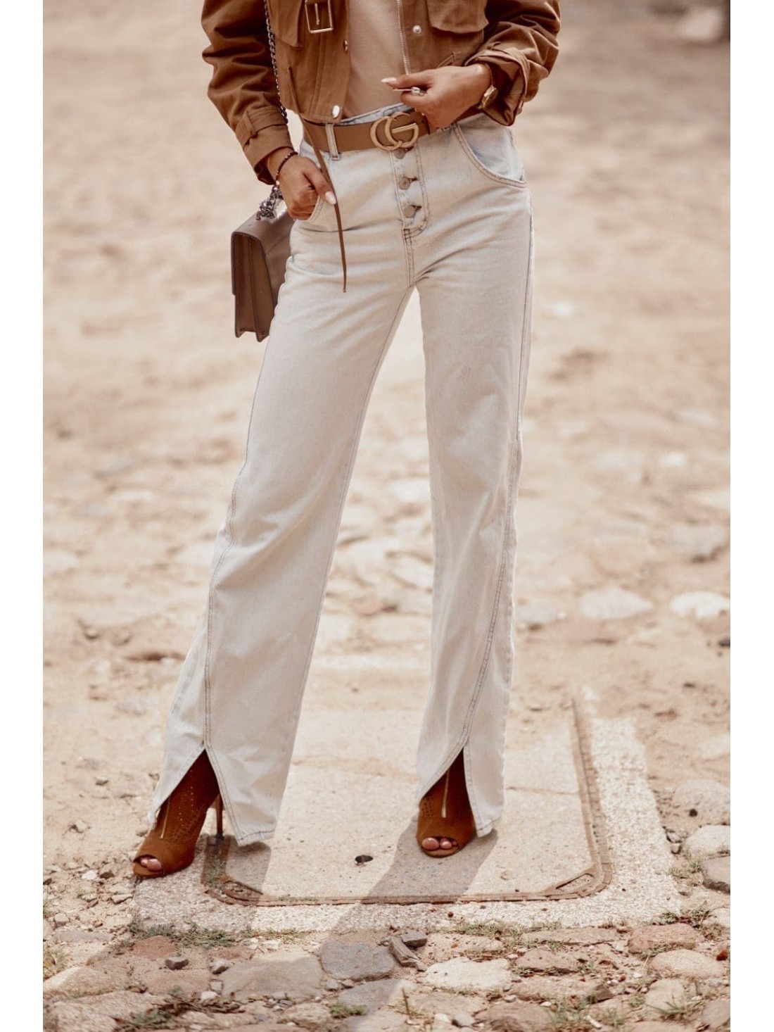 Wide leg trousers with buttons, light blue 3374 - Online store - Boutique